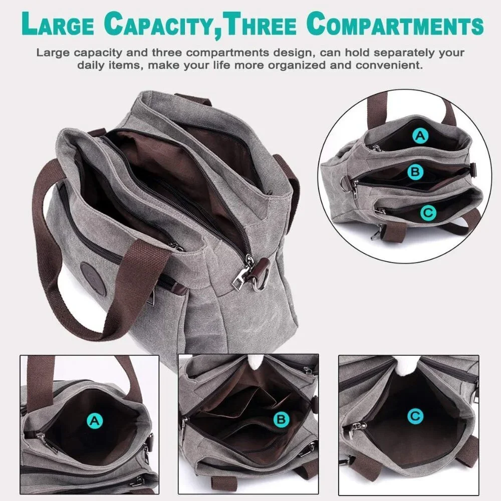 Canvas Hobo Handbag Women Multi Compartment Tote Crossbody Purse